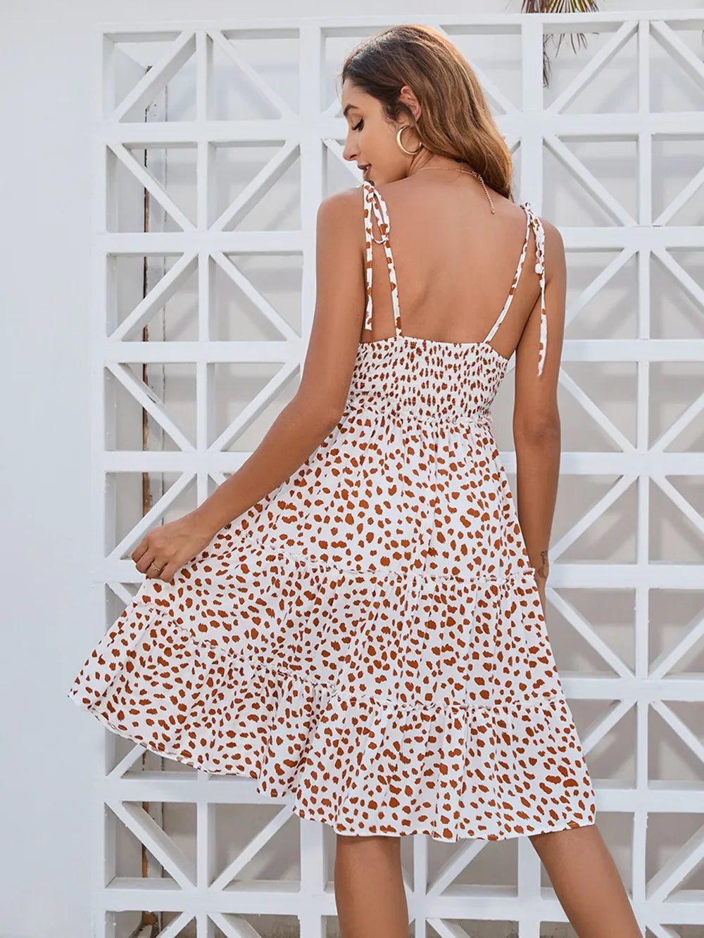 Printed Square Neck Tie Shoulder Dress (4)
