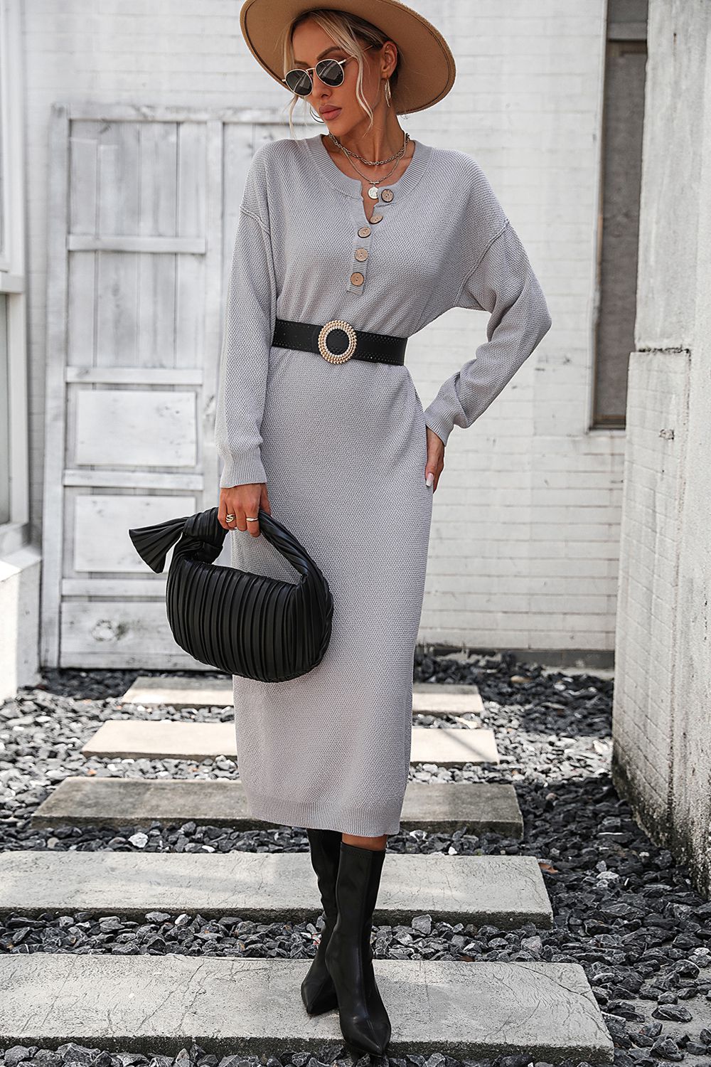 Notched Neck Dropped Shoulder Button-down Midi Dress (17)