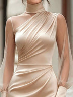 Turtleneck Sheer Sleeve Ruched Bodycon Dress (4)