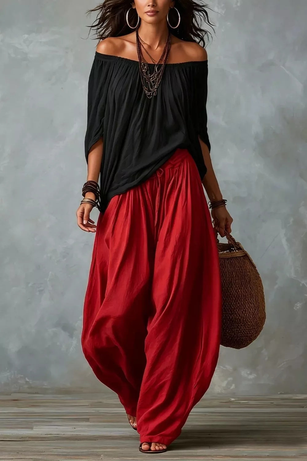Full Size Off-shoulder Top Wide-leg Pants Set Plus (3)