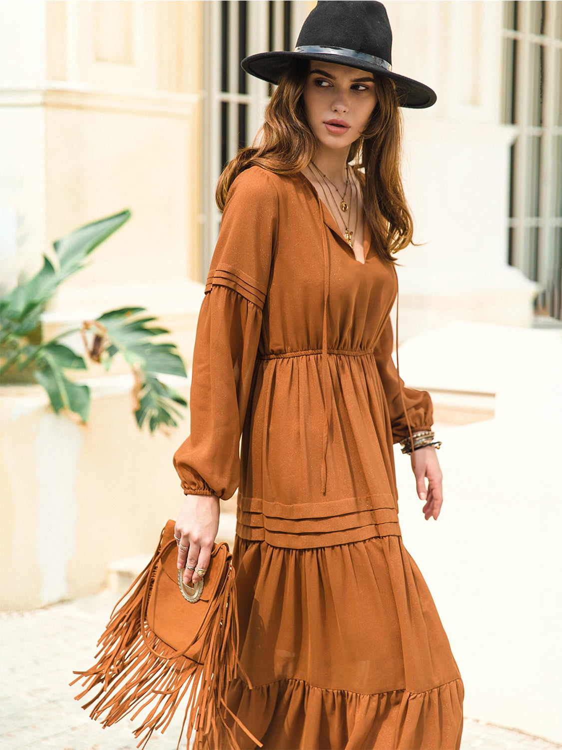 Tie Neck Long Sleeve Midi Tiered Dress (32)