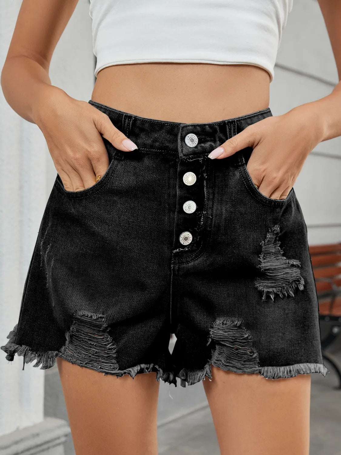 Distressed Raw Hem Denim Shorts (12)