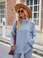 Ribbed Turtleneck Long Sleeve Slit Knit Top (21)