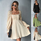 Puff Sleeve Square Neck Waist Dress photo 1