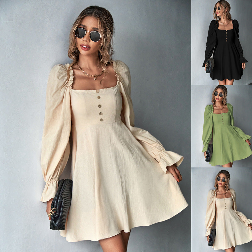 Puff Sleeve Square Neck Waist Dress photo 1
