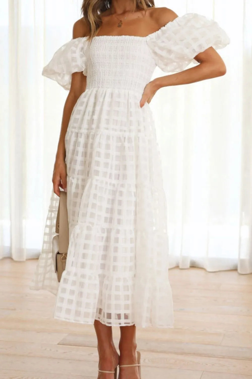 Off Shoulder Short Puff Sleeve Midi Dress (13)