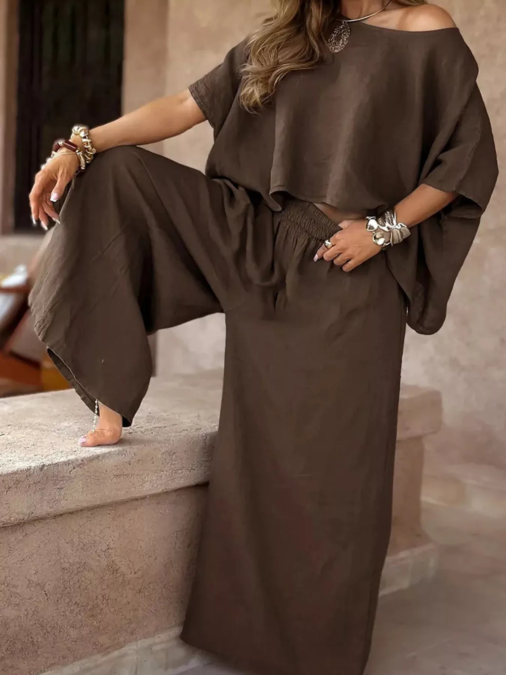 Full Size Boat Neck Top Wide Leg Pants Set Plus (2)