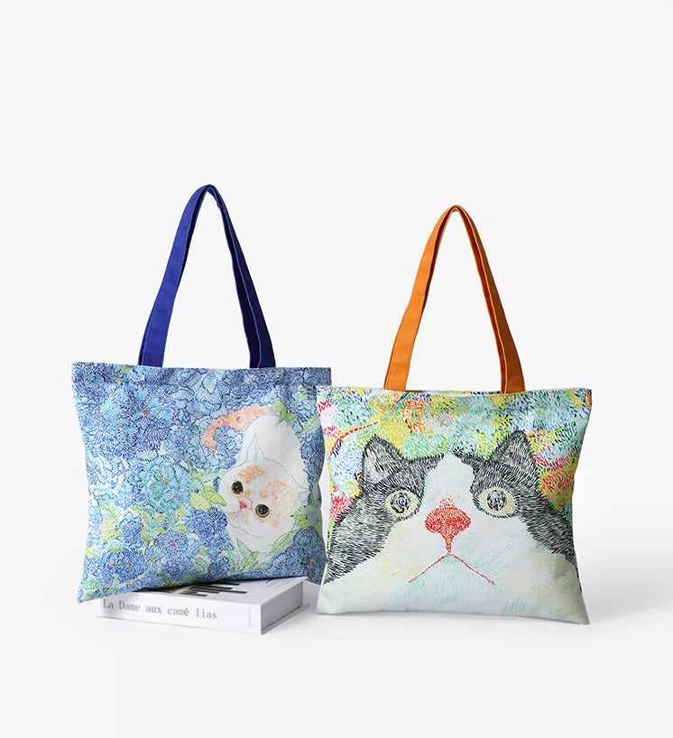 Cat Illustration Shoulder Bag Large Capacity Canvas photo 2