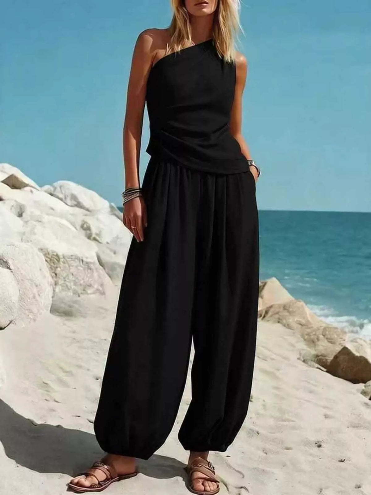 Full Size One-shoulder Top Wide Leg Pants Set Plus (4)