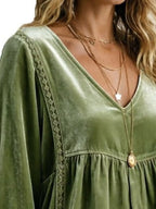 Full Size V-neck Long Sleeve Velvet Blouse Lace Trim Plus (11)