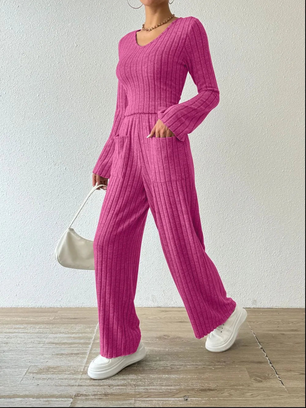 Ribbed V-neck Long Sleeve Top Pocketed Pants Set (17)