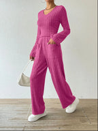 Ribbed V-neck Long Sleeve Top Pocketed Pants Set (17)