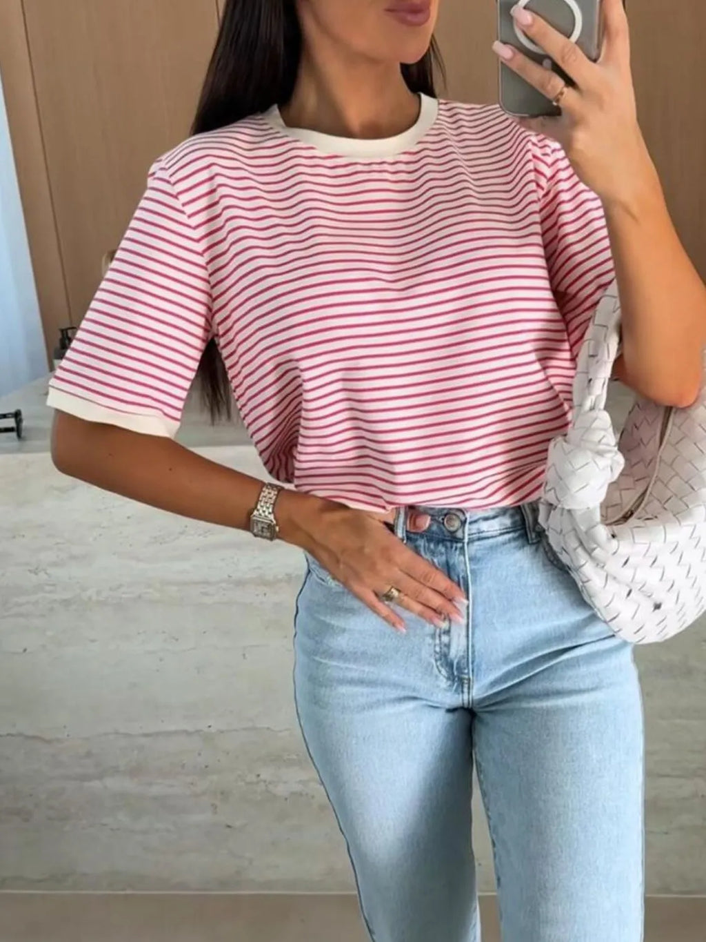 Striped Round Neck Short Sleeve T-shirt (6)