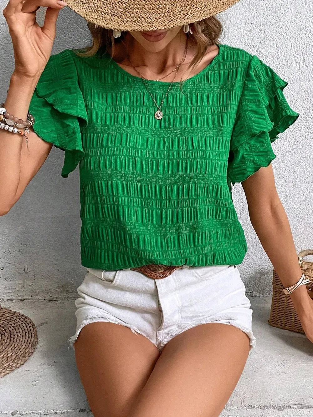 Round Neck Flounce Sleeve Blouse (2)