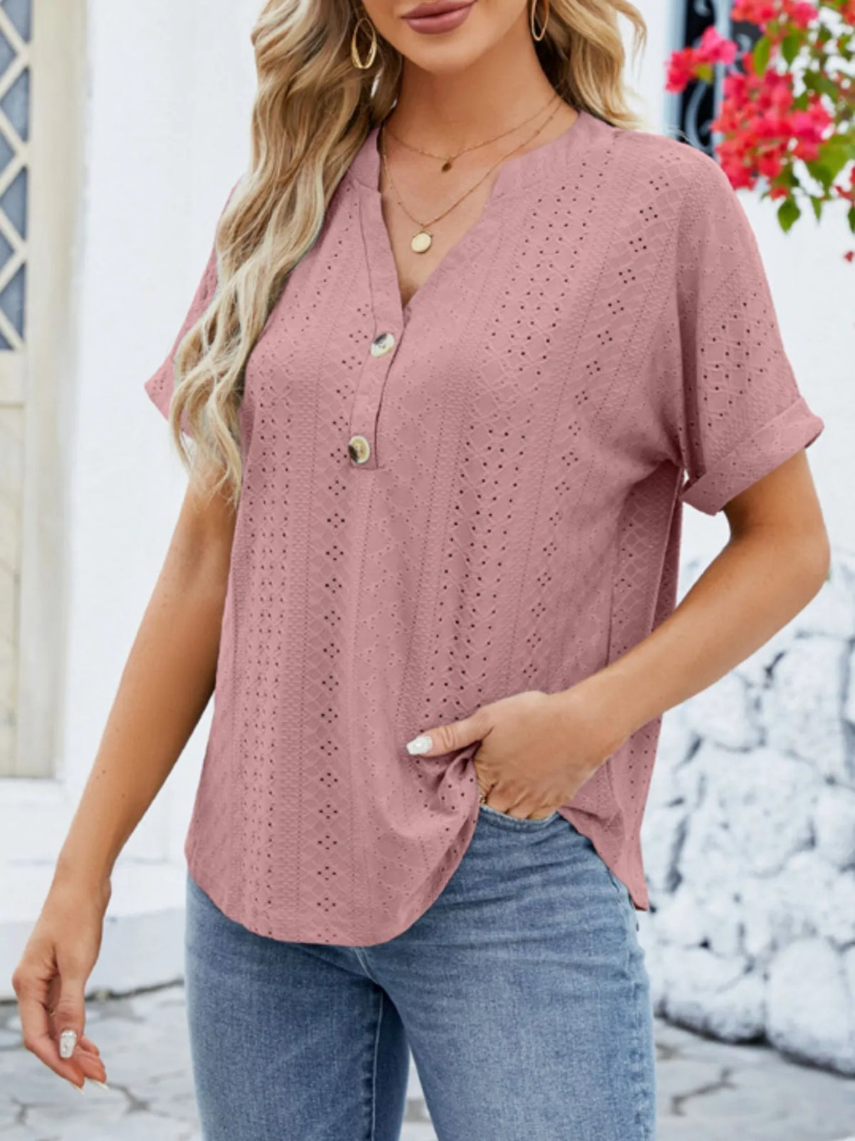 Eyelet Notched Short Sleeve Blouse (24)
