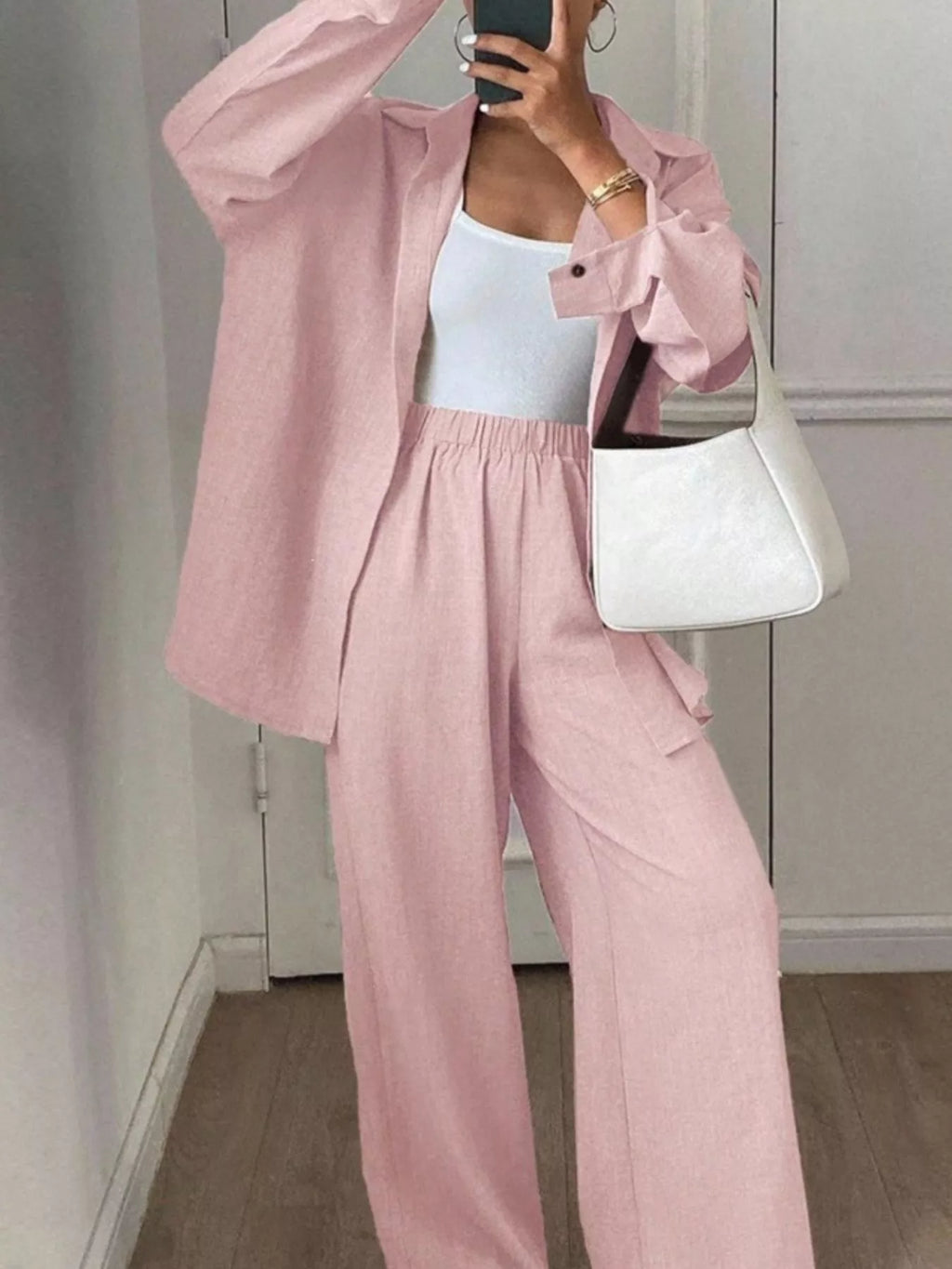 Button Up Long Sleeve Shirt Wide Leg Pants Set (28)