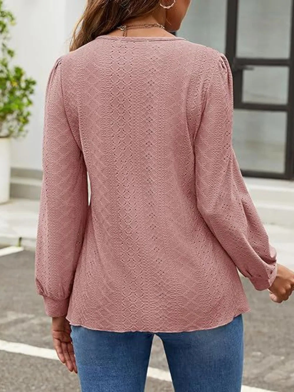 Eyelet Round Neck Long Sleeve Top (24)