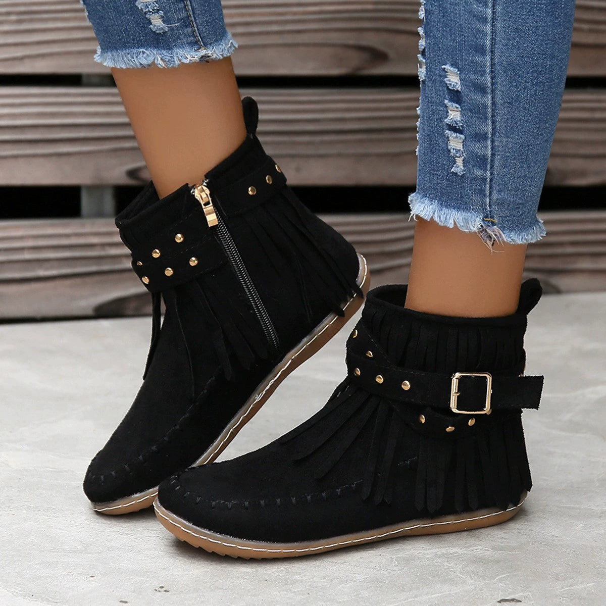 Fringe Studded Suede Flat Boots (5)