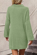 Collared Neck Long Sleeve Sweater Dress Pockets (7)
