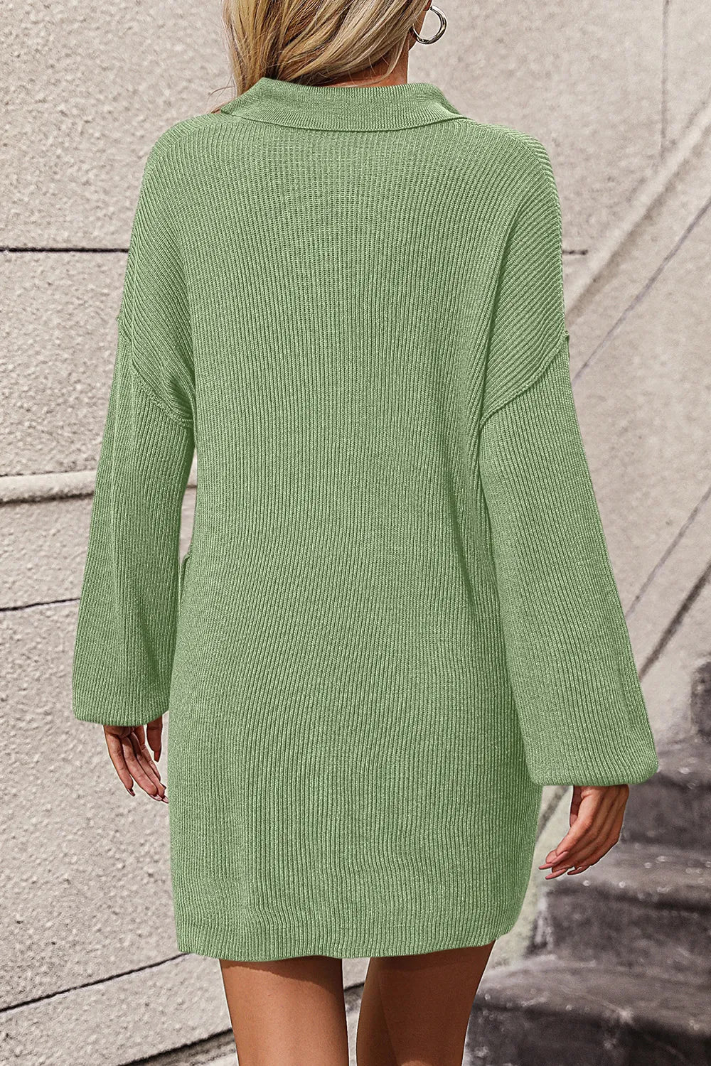 Collared Neck Long Sleeve Sweater Dress Pockets (7)