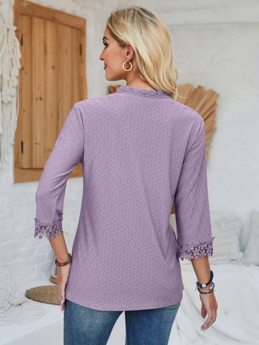 Lace Detail V-neck Three-quarter Sleeve Blouse (24)