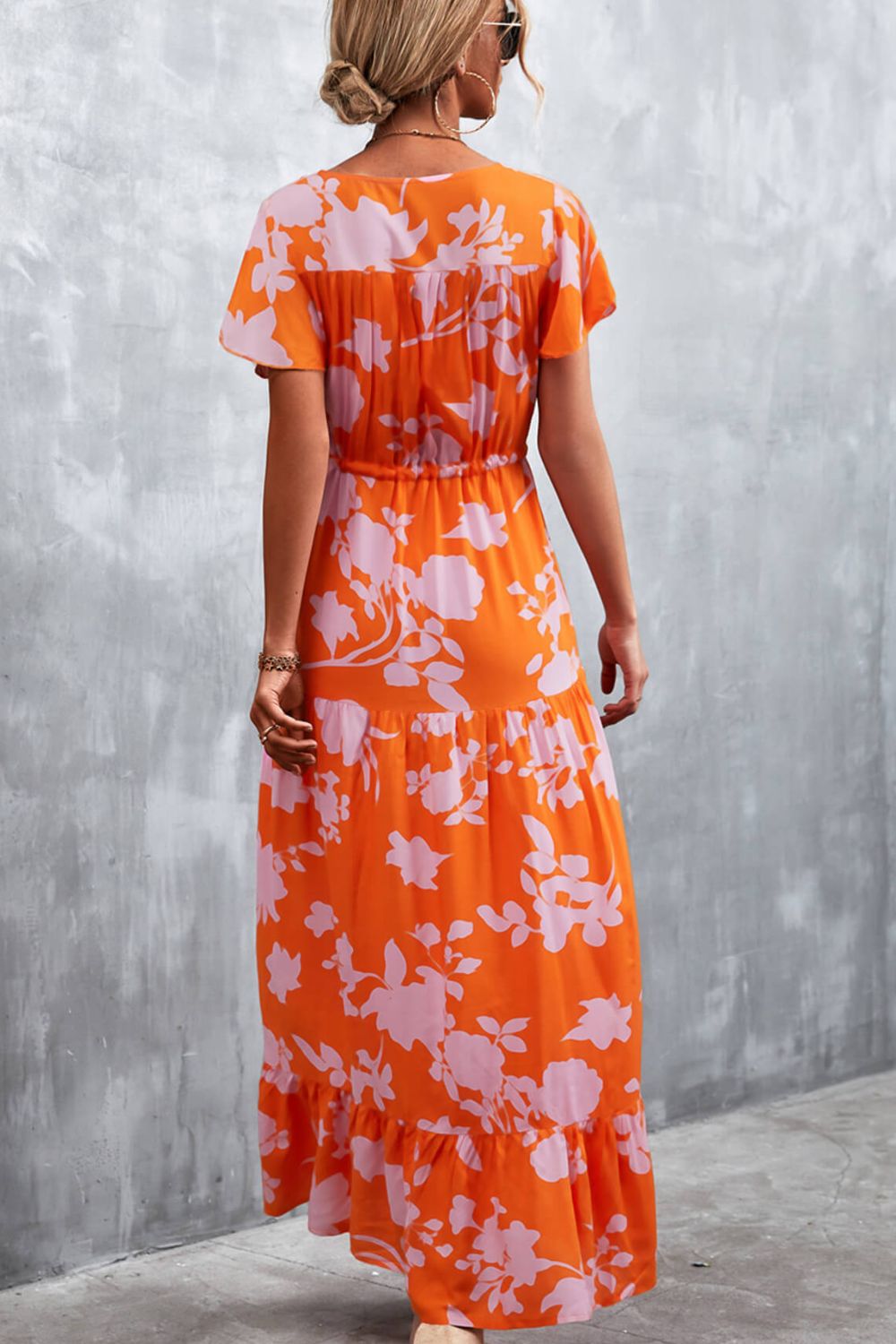 Floral Buttoned Drawstring Waist Tiered Dress (2)