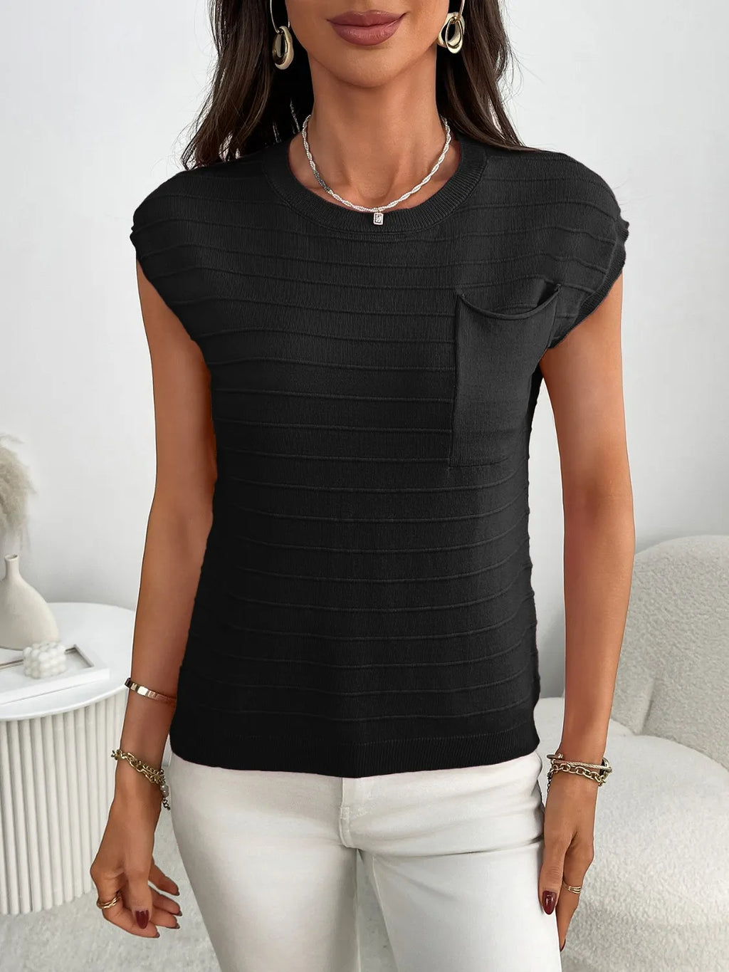 Round Neck Cap Sleeve Knit Top (8)