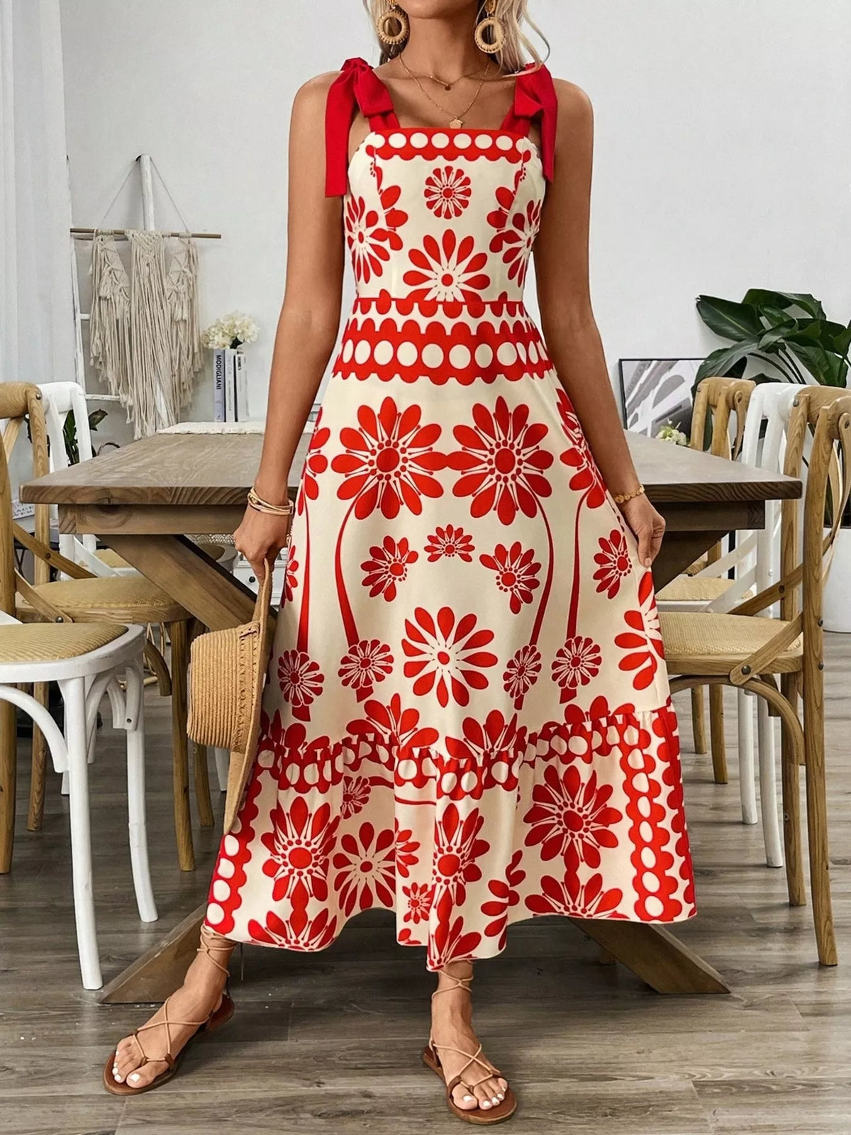 Floral Print Tie-shoulder Midi Dress