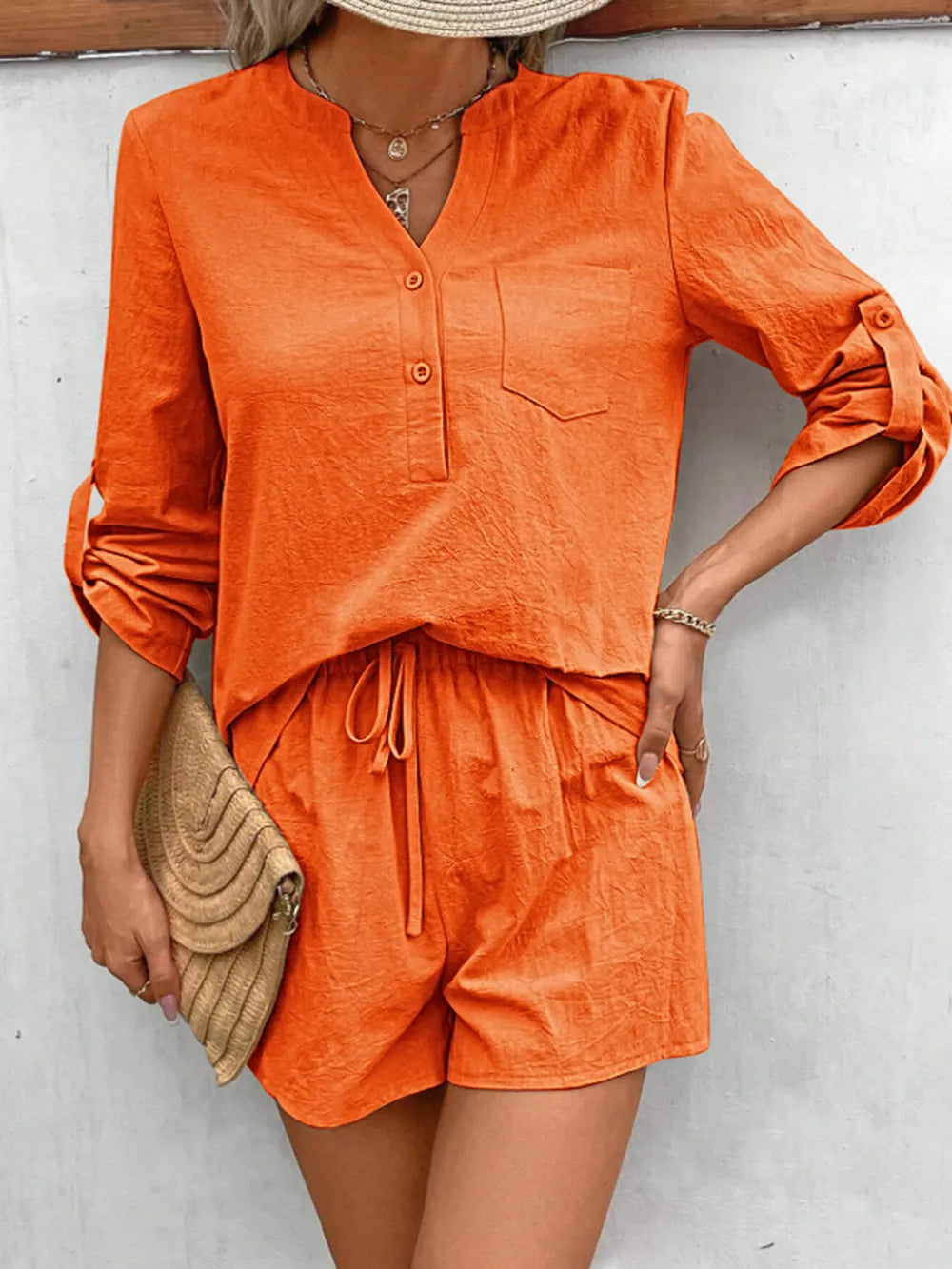 Notched Long Sleeve Top Shorts Set (10)