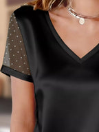 Polka Dot Mesh Sleeve Satin Short Sleeve Top (3)