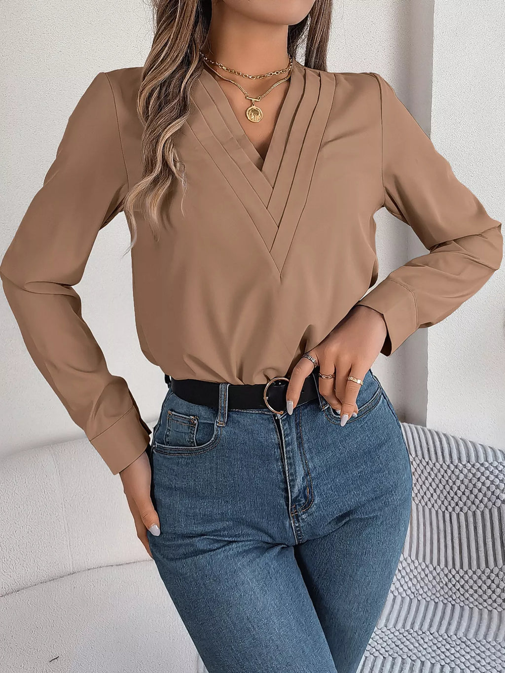 Layered V-neck Long Sleeve Blouse (14)