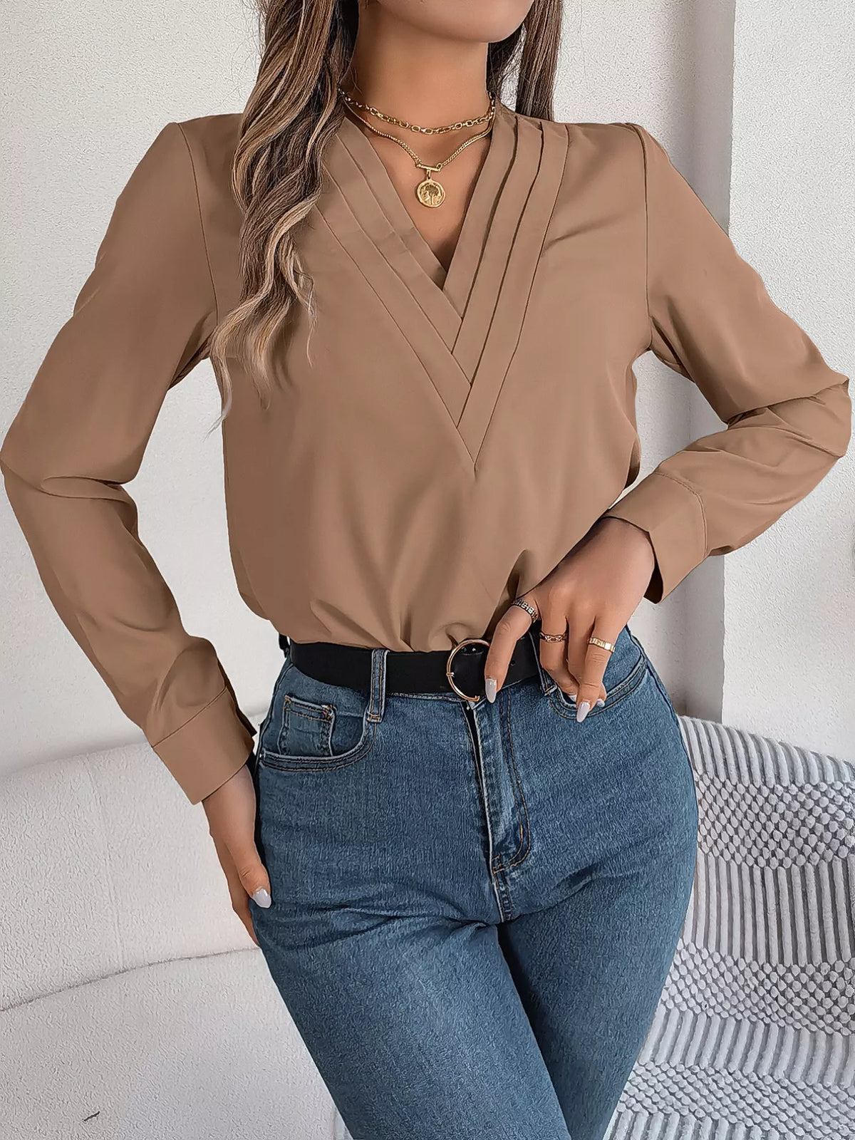 Layered V-neck Long Sleeve Blouse (14)