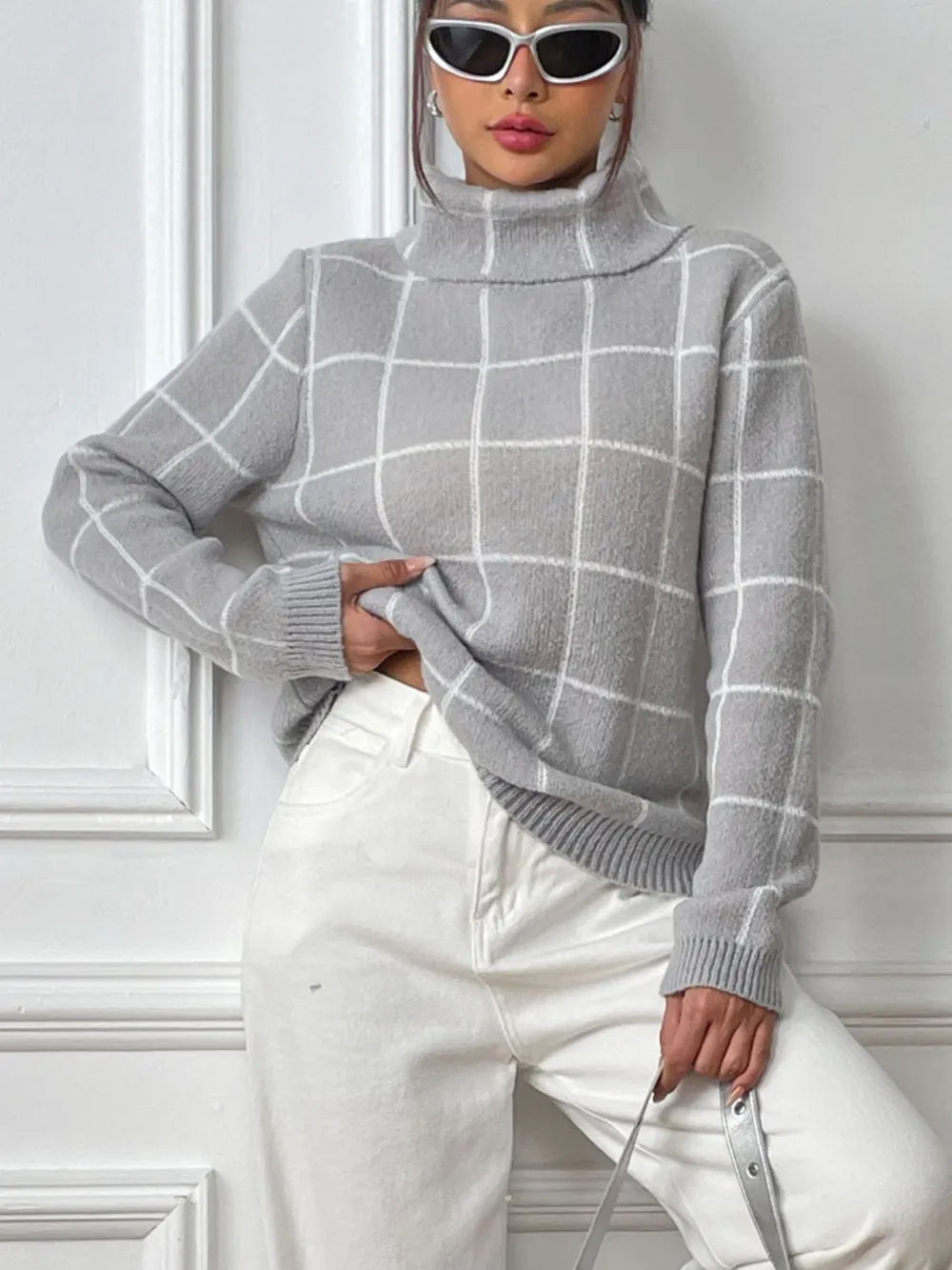 Plaid Turtleneck Long Sleeve Sweater (8)