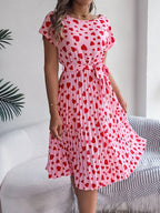 Heart Print Short Sleeve Tie Waist Dress (3)