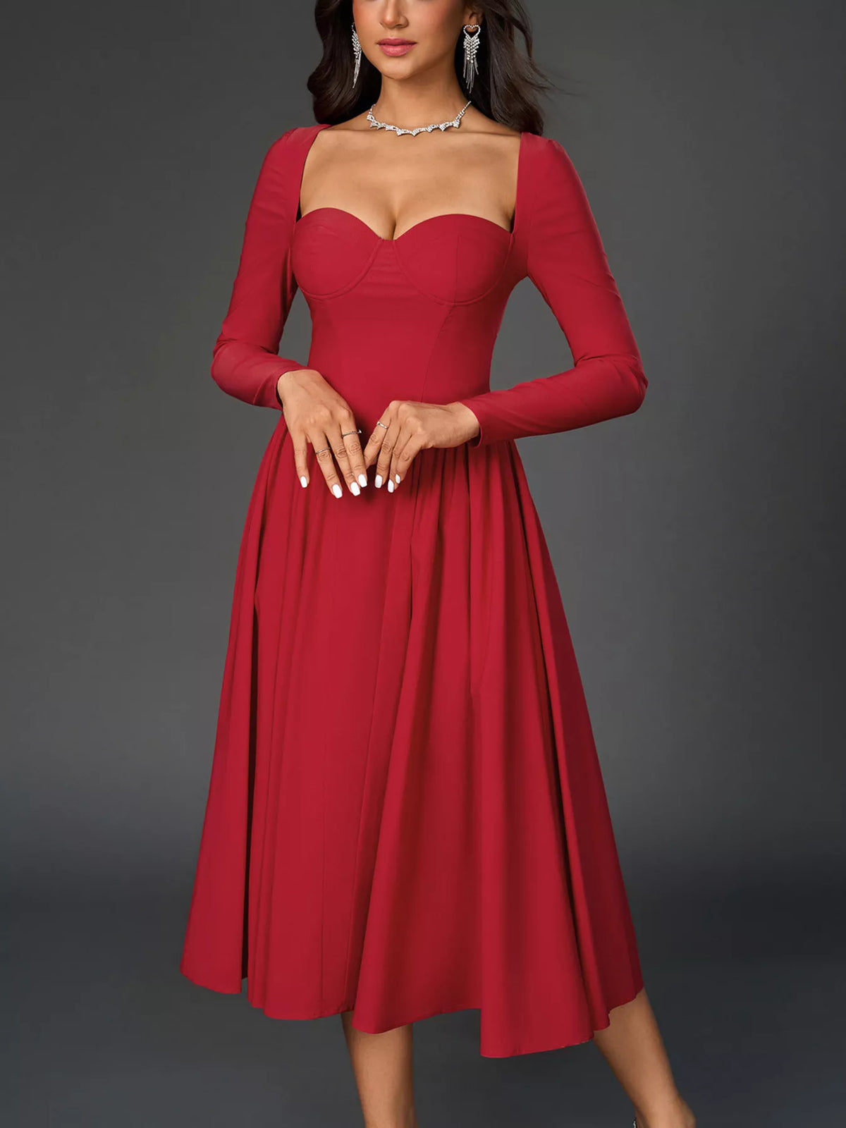Sweetheart Neckline Long Sleeve A-line Midi Dress (3)