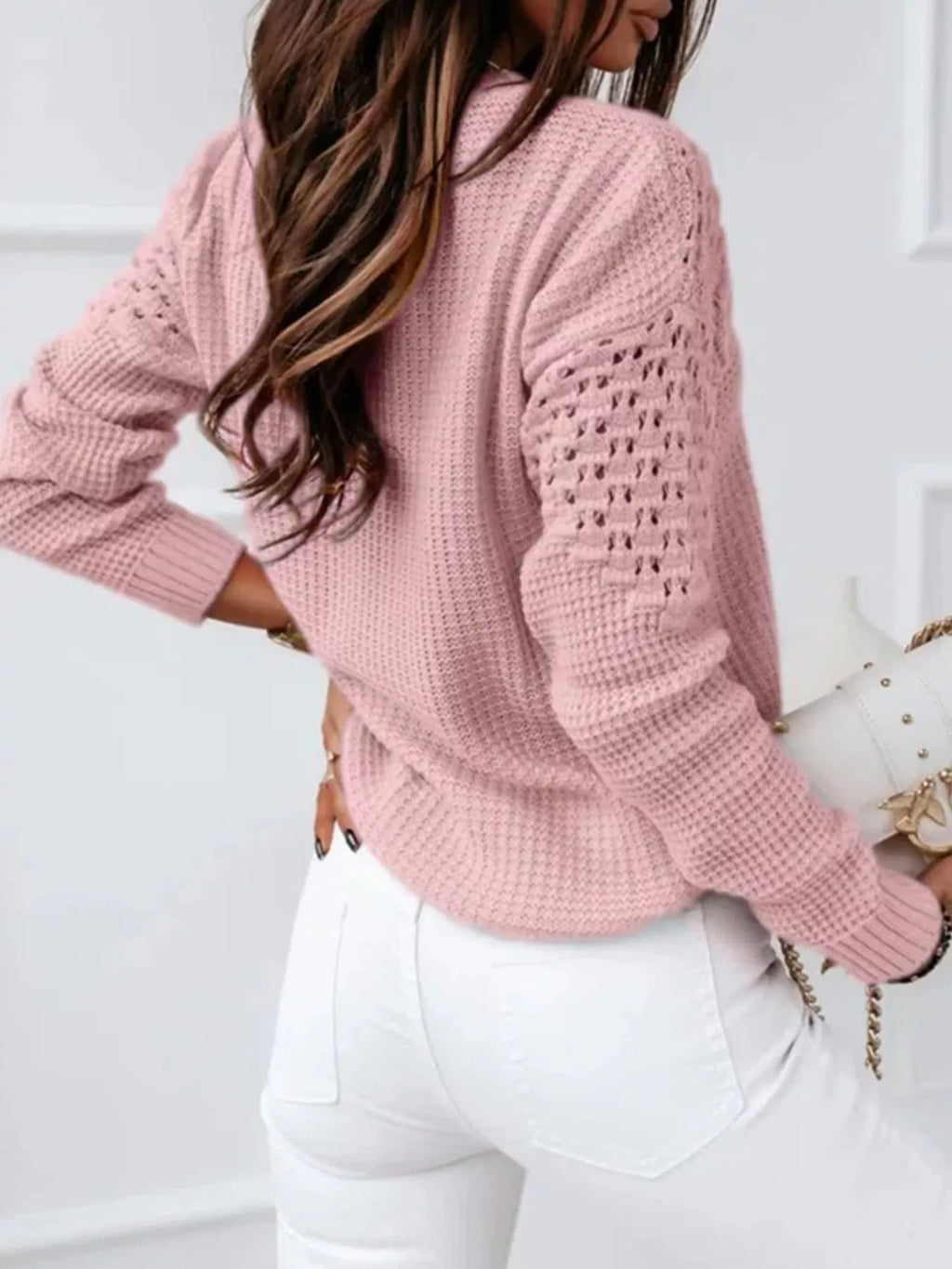 Textured Openwork Round Neck Sweater (2)