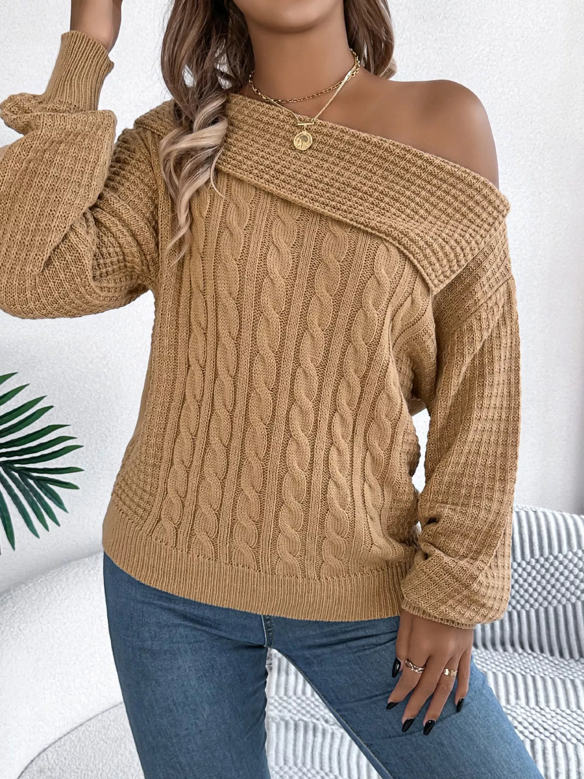 Off-shoulder Cable Knit Sweater (18)