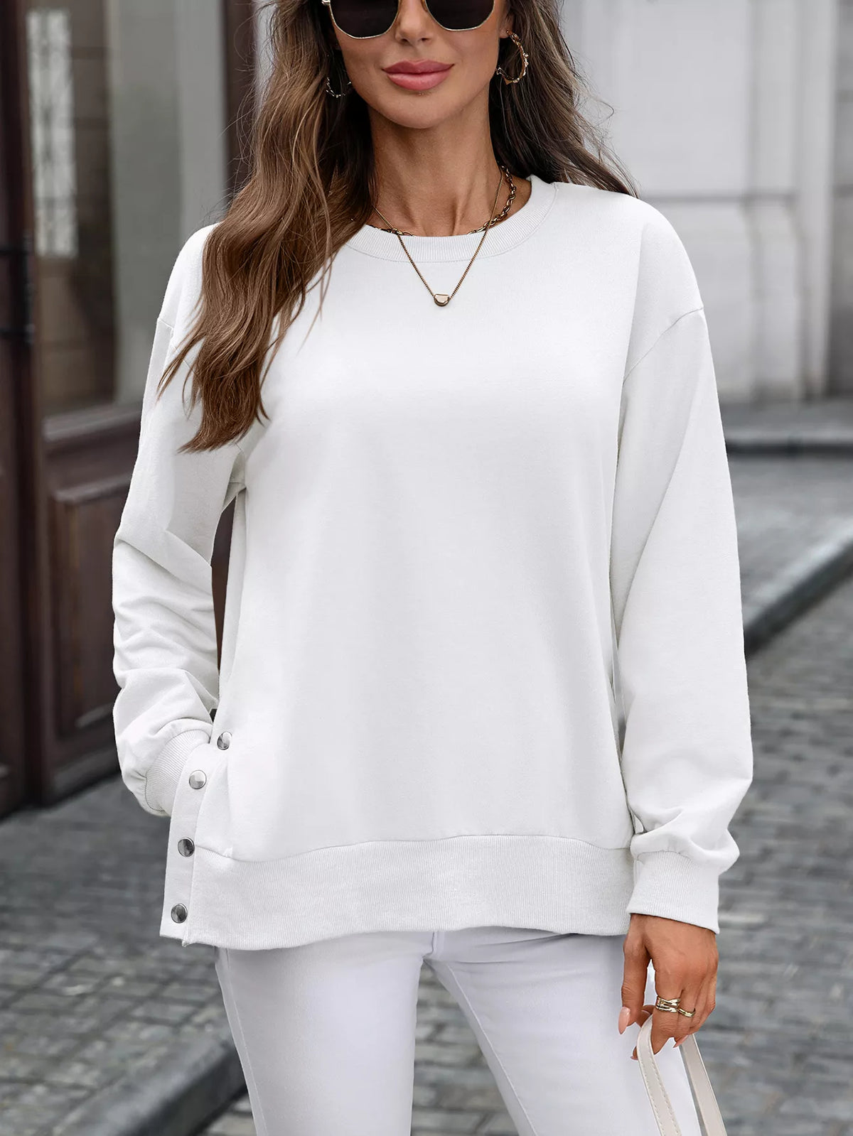 Side Snap Round Neck Sweatshirt (25)
