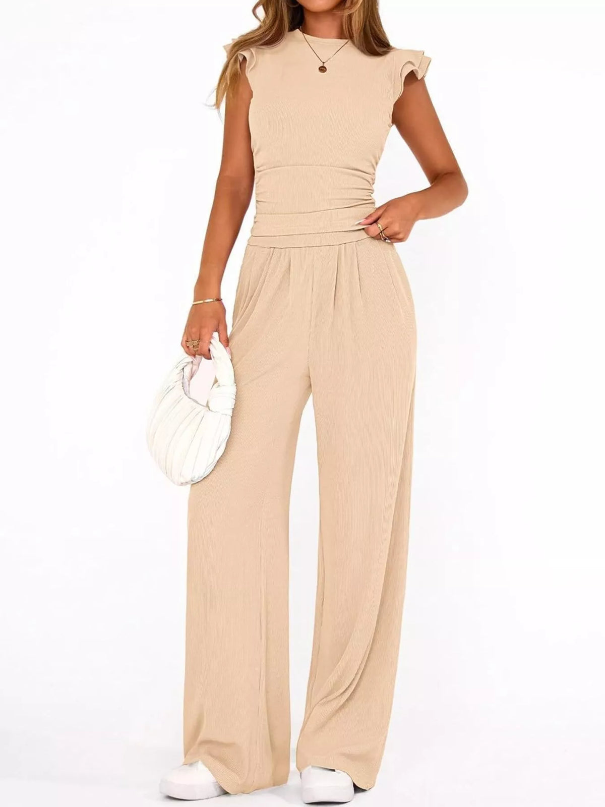 Ruffled Mock Neck Top Wide Leg Pants Set (7)