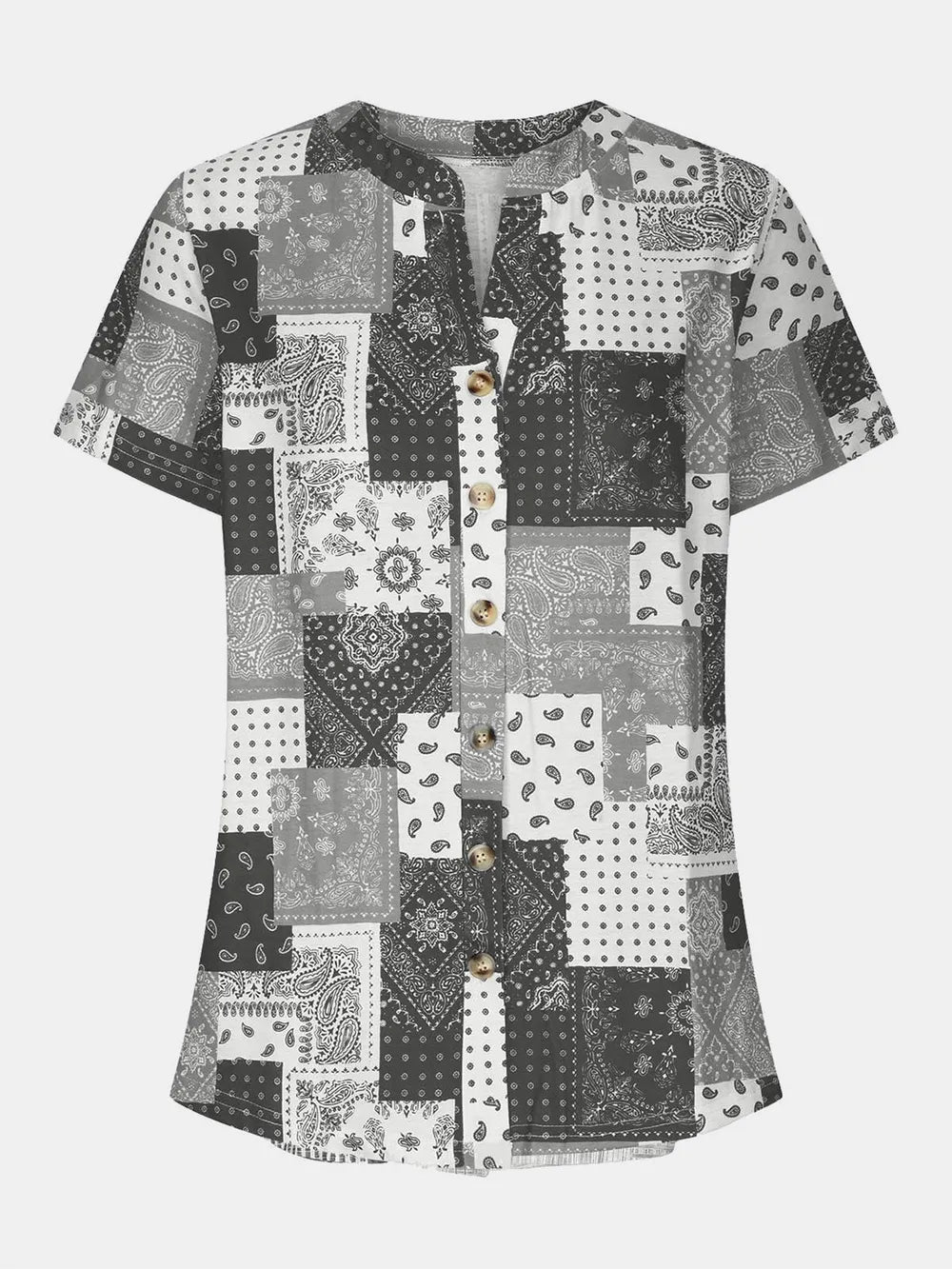 Printed Notched Short Sleeve Blouse (6)