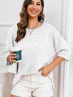 Rolled Round Neck Dropped Shoulder Slit Sweater (3)