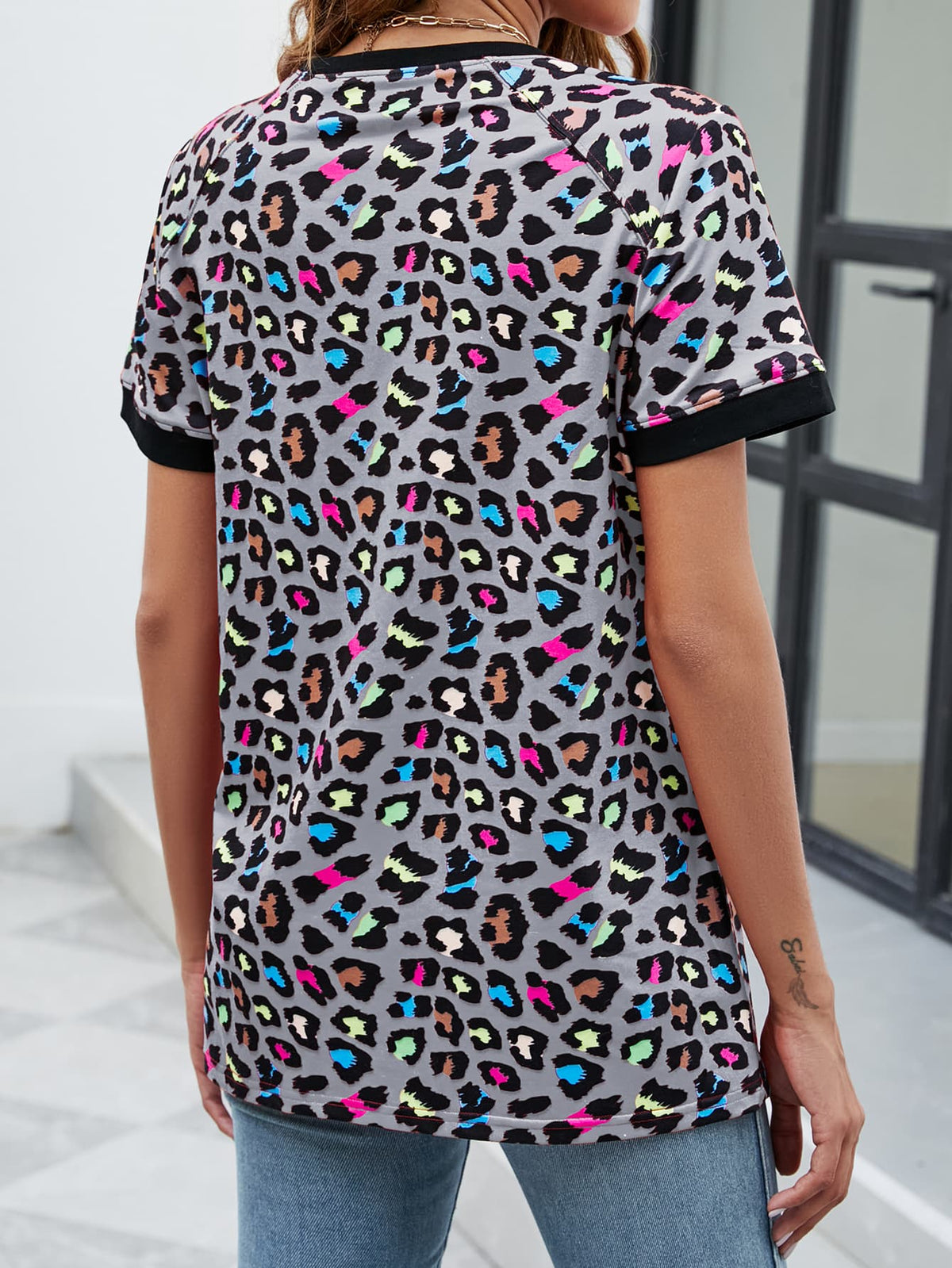 Leopard Round Neck Short Sleeve Tee Shirt (6)