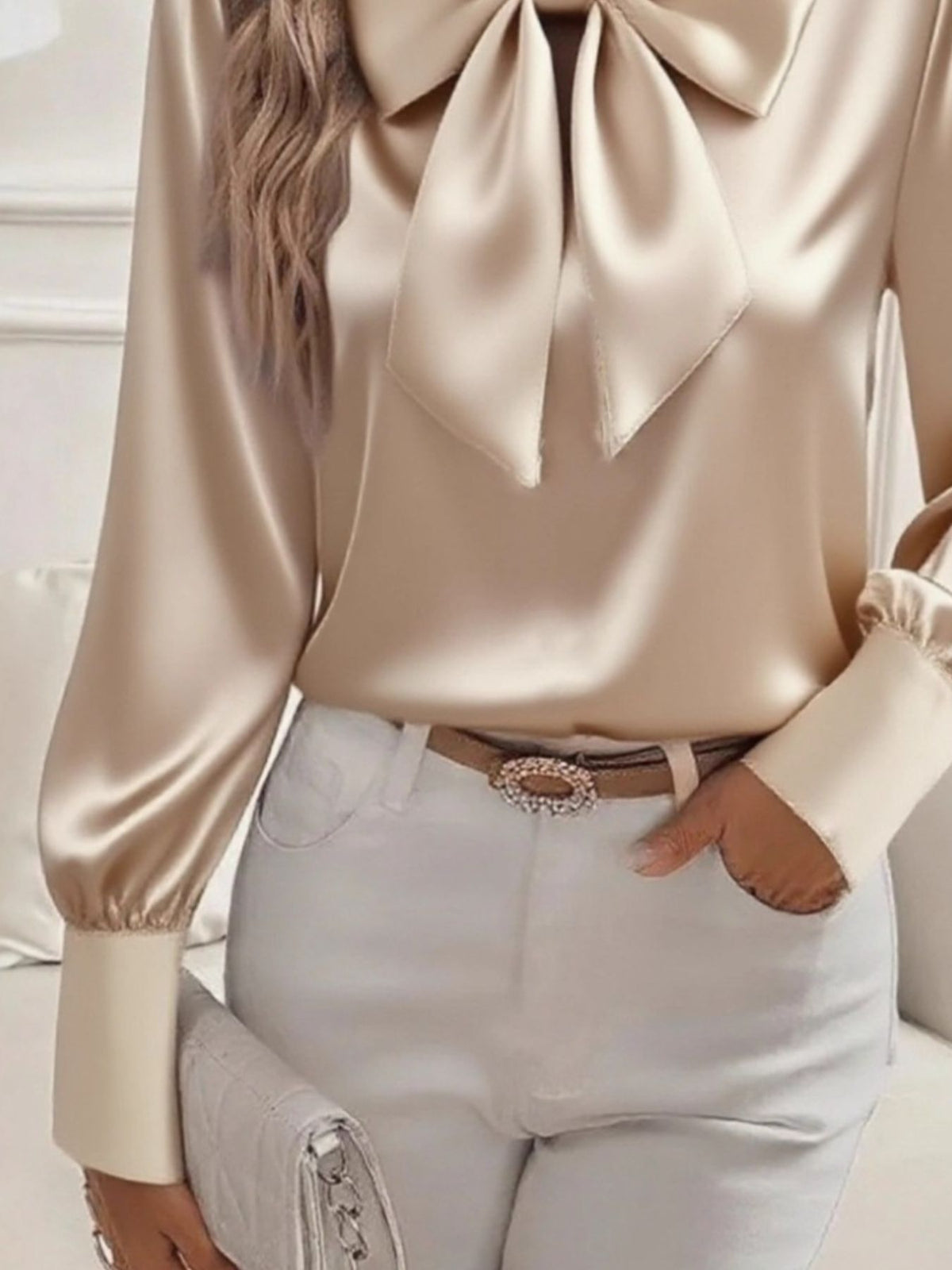 Satin Bow Tie Long Sleeve Top (3)