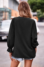 Swiss Dot Notched Neck Flounce Sleeve Blouse (12)