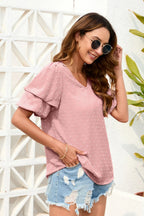 Swiss Dot V-neck Short Sleeve Blouse (9)