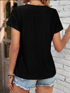 Eyelet V-neck Short Sleeve T-shirt (2)