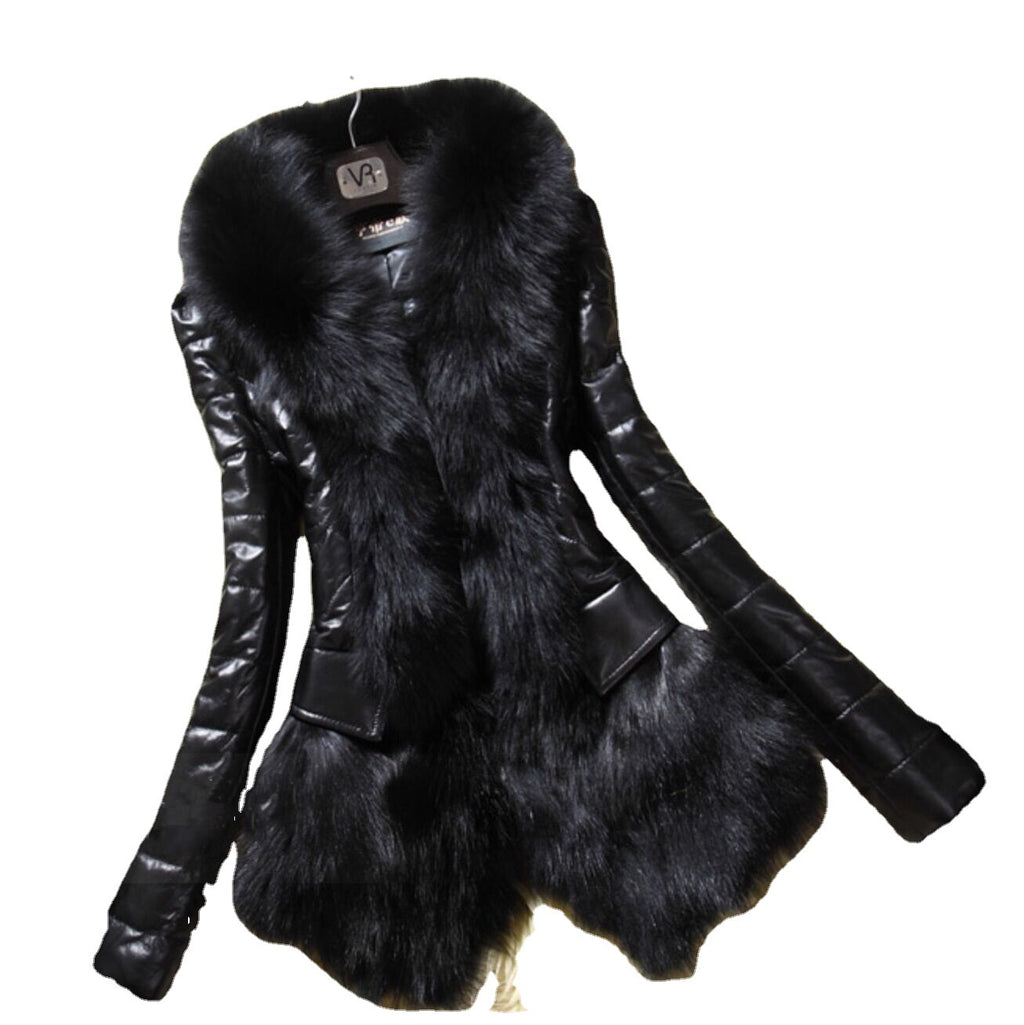 Faux Fur Large Fur Collar Leather Jacket photo 6