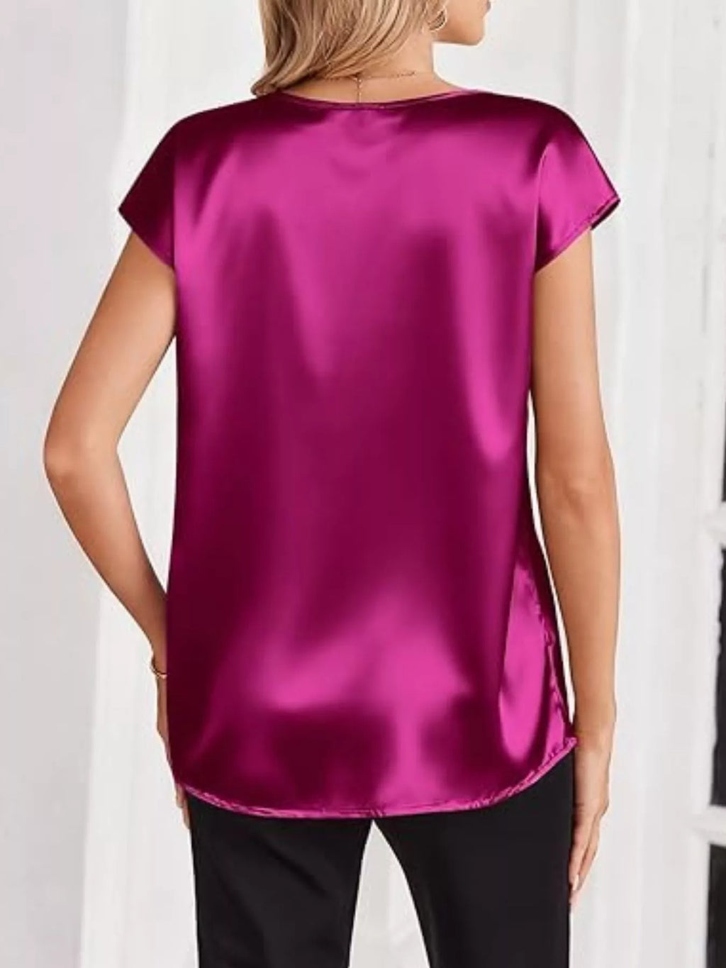 Satin V-neck Short Sleeve Blouse (28)
