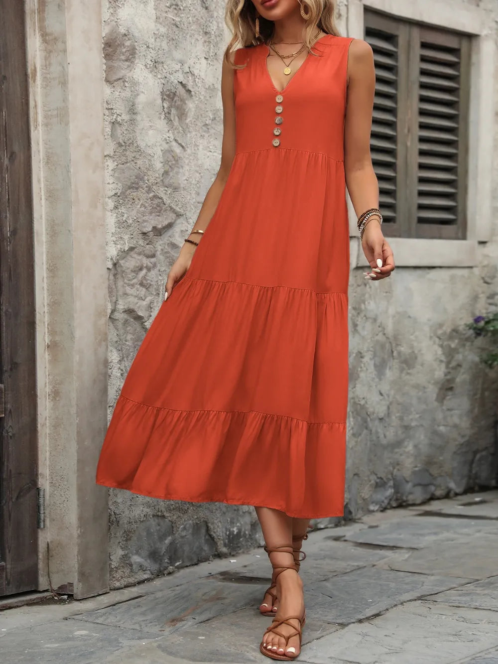 Decorative Button Notched Sleeveless Dress (6)