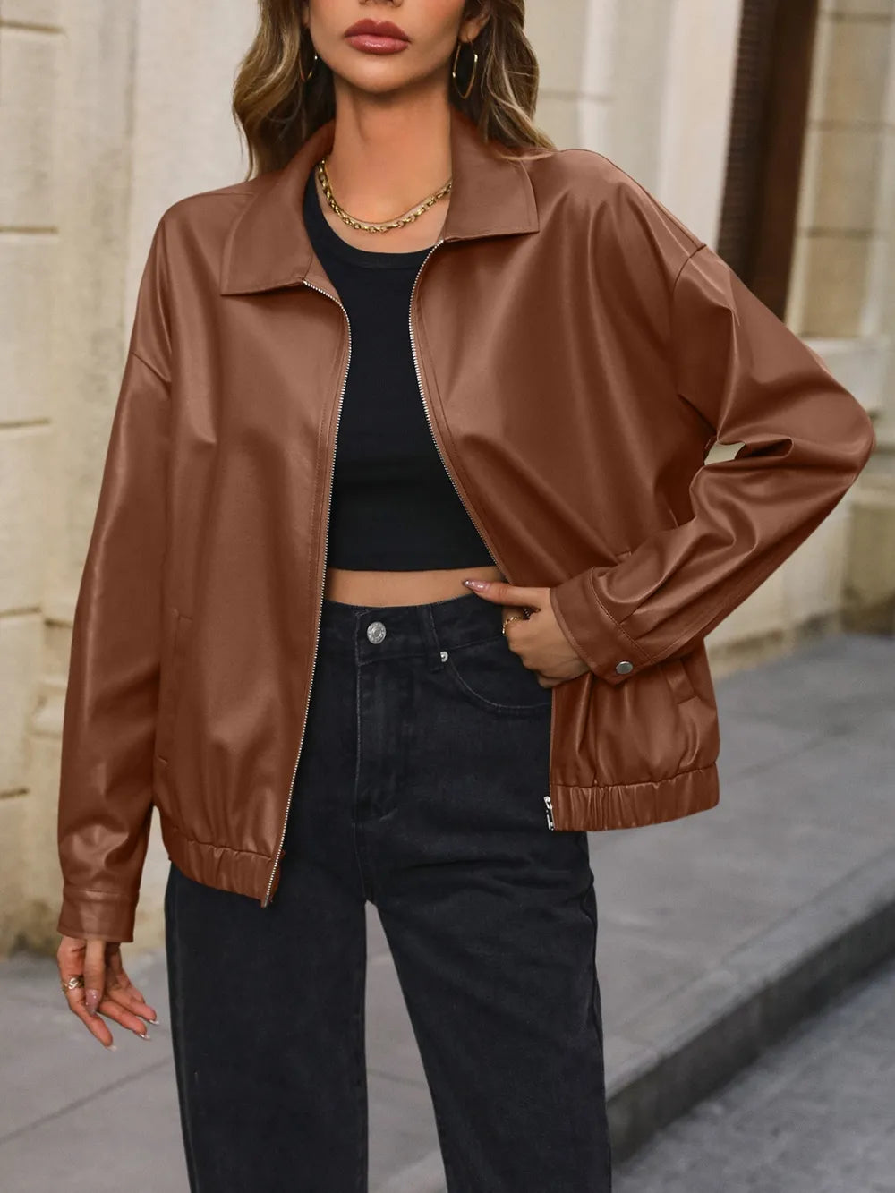 Pocketed Zip Up Collared Neck Jacket (8)